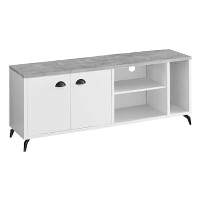 White TV Stand for Living Room 60 Inch Cabinet Console with Open Shelves and Glossy Wood Finish - 23.75”H x 60”W x 15.5”D
