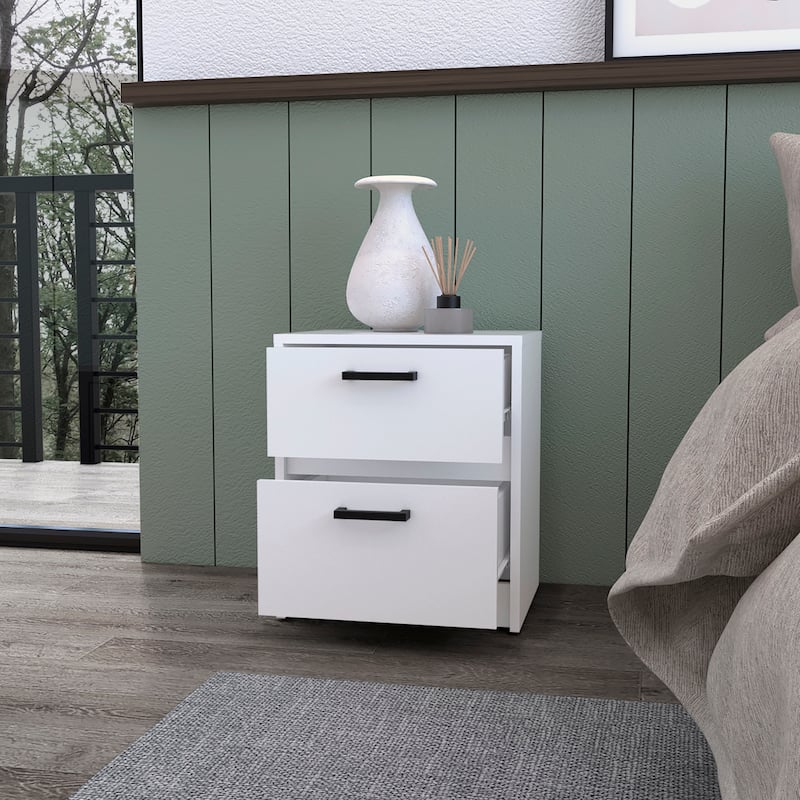 White 2-Drawer Nightstand with Metal Handles
