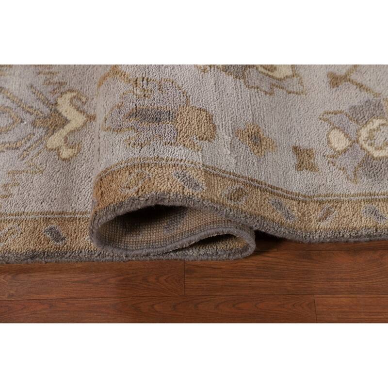 Gray Oushak Indian Area Rug Hand-Knotted Floral Wool Carpet - 9'3"x 11'7"