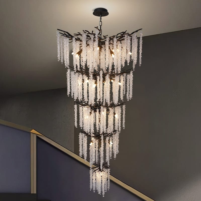 KAYLA 28-Lights Crystal Staircase Chandelier, Indoor Pendant Light, 118'' Modern High Ceiling Light, Height Adjustable - N/A