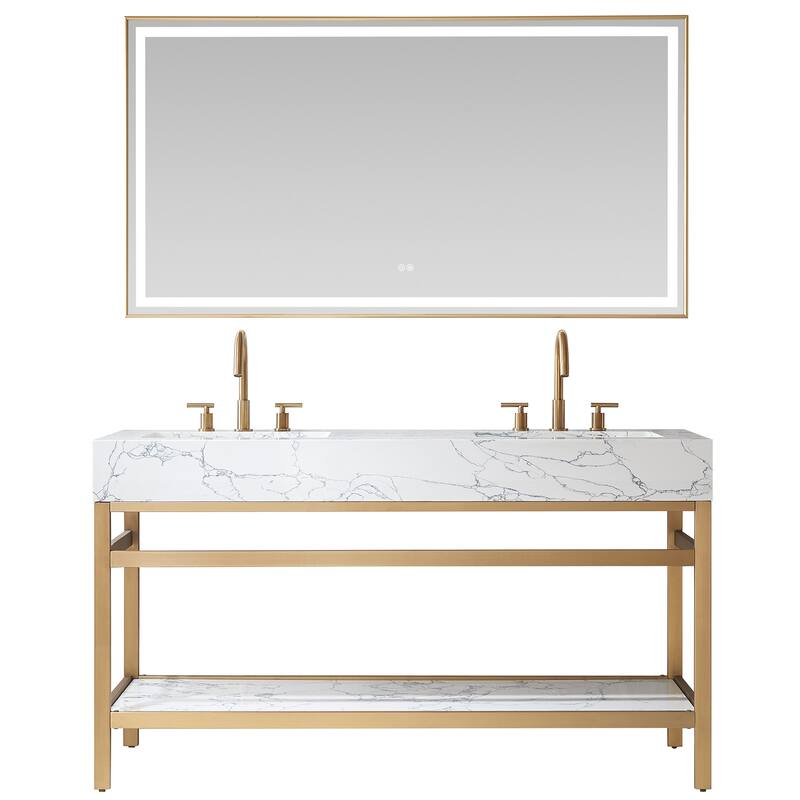 Ecija Bath Vanity, Metal Support with Composite Stone Top and Mirror - 60 in. - Brushed Gold - Double Sink