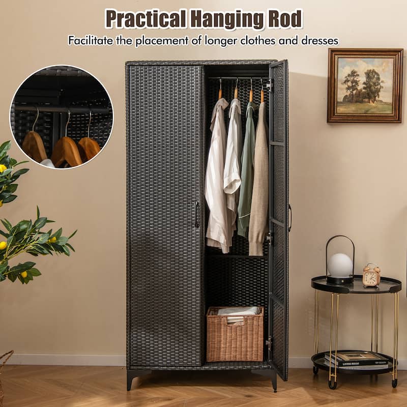 Gymax 62'' Wicker Wardrobe w/ 2 Doors Hanging Rod & 4 Storage Cubes
