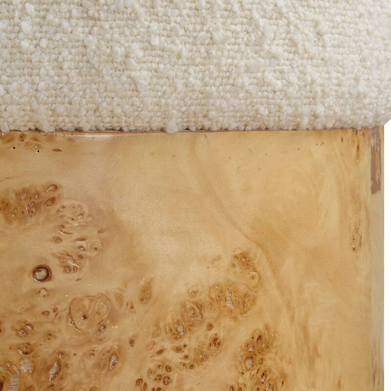 Boucle Upholstered Ottoman with Burl Veneer Wrap - 17" - White and Brown