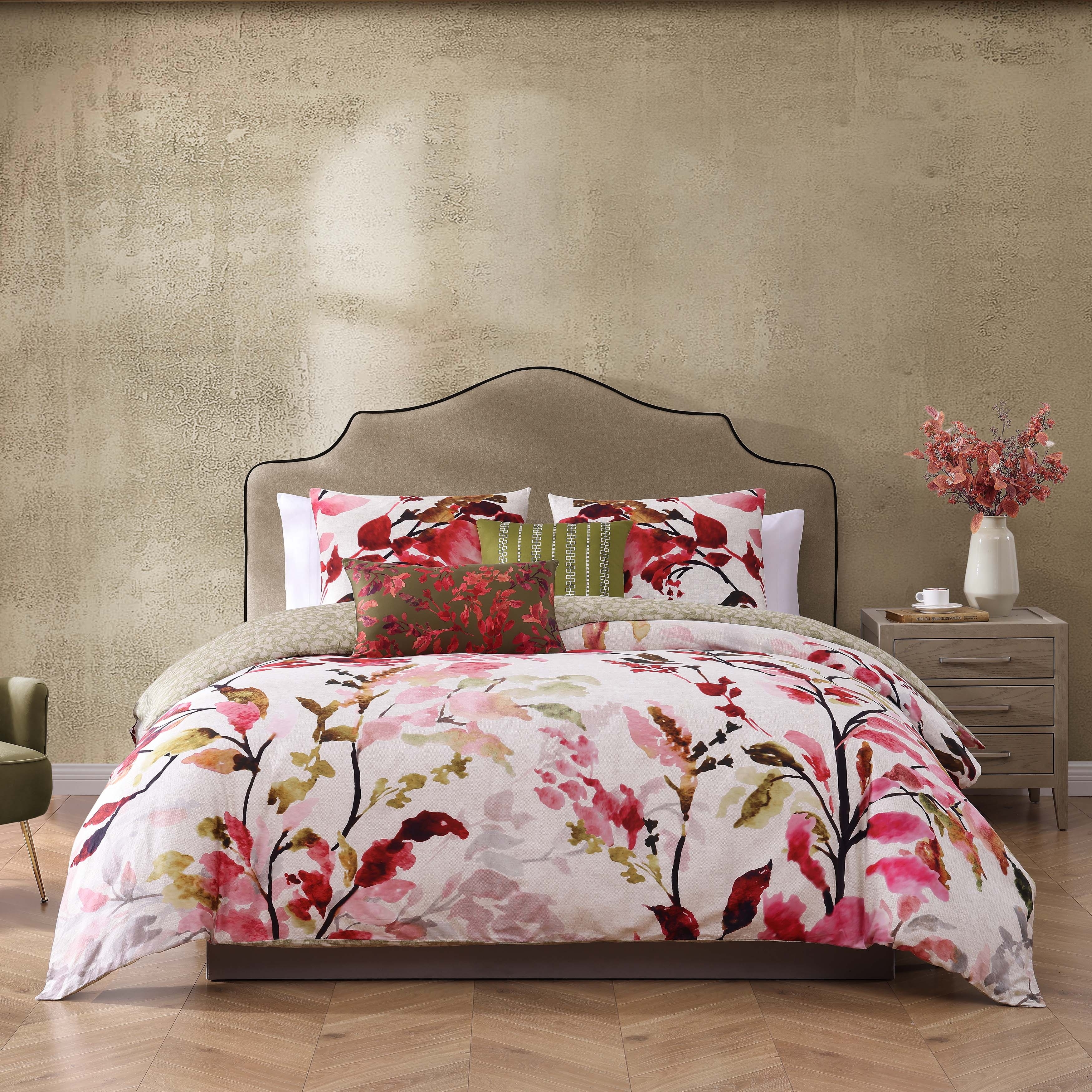 Bebejan Leaves on Linen 200 Thread Count 100 Cotton Sateen 5 Piece Reversible Comforter Set