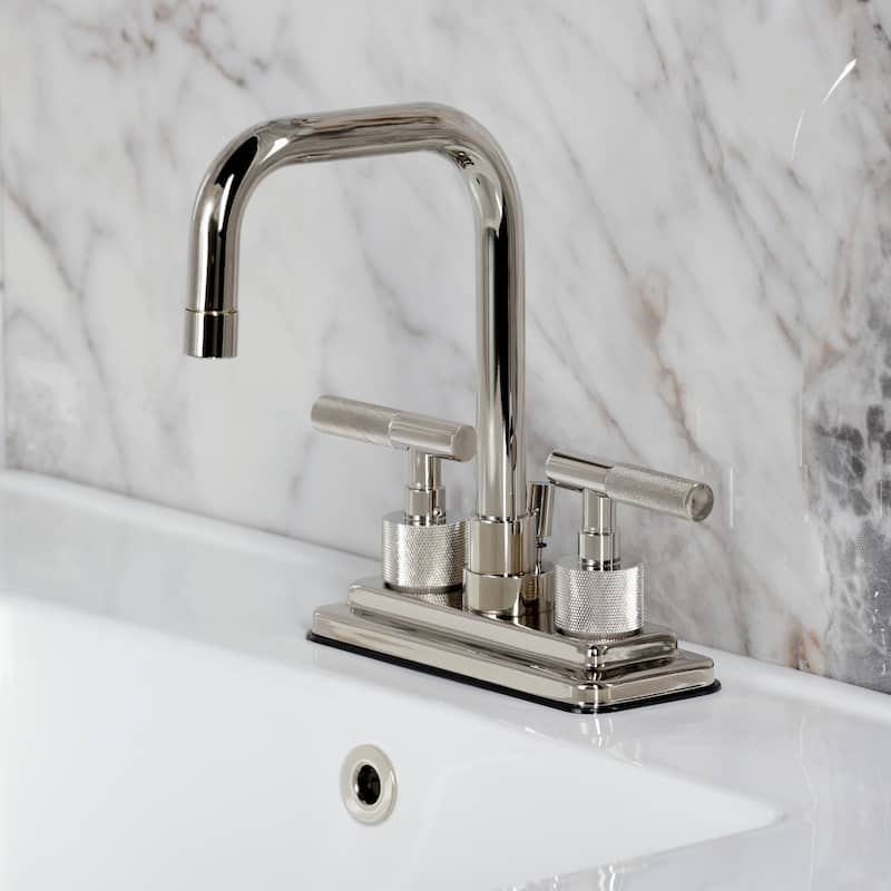 Kingston Brass Convergent Two-Handle 3-Hole Deck Mount 4" Centerset Bathroom Faucet with Knurled Handle and Brass Pop-Up Drain