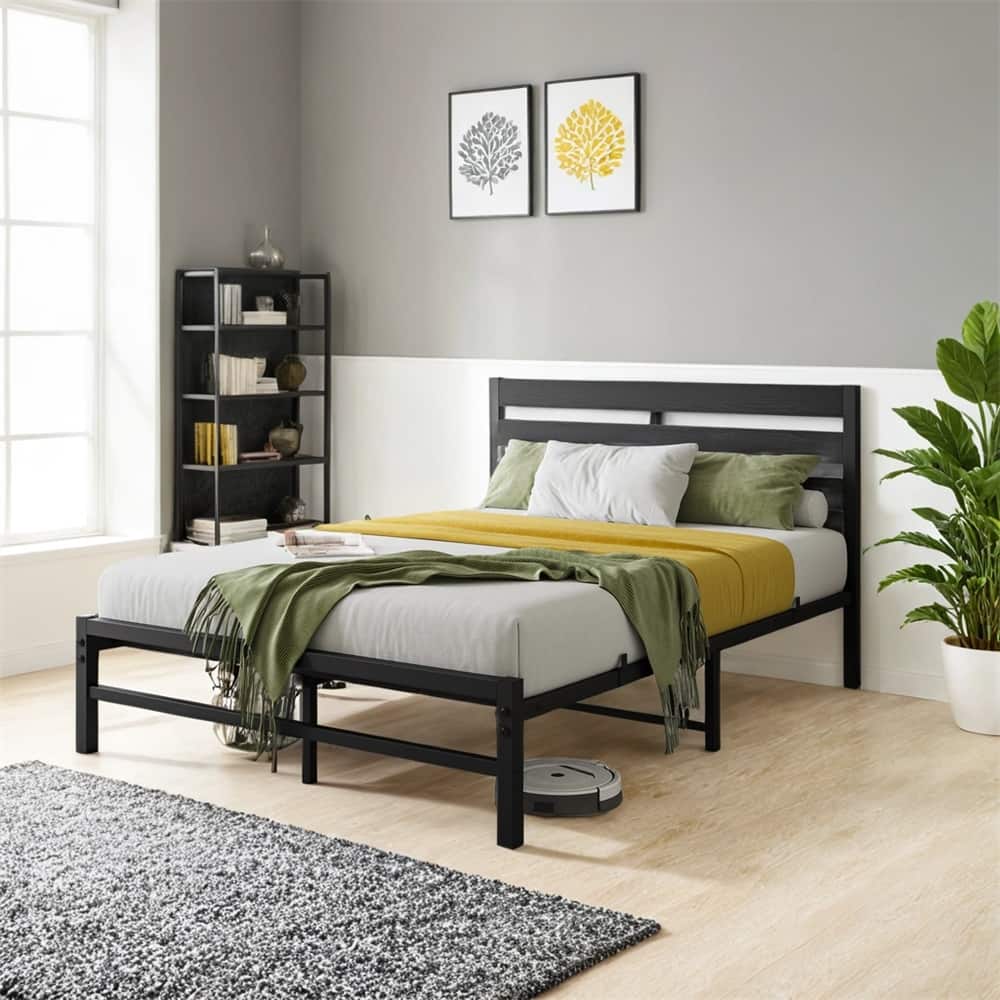 Full Size Platform Bed Frame with Rustic Vintage Wood Headboard