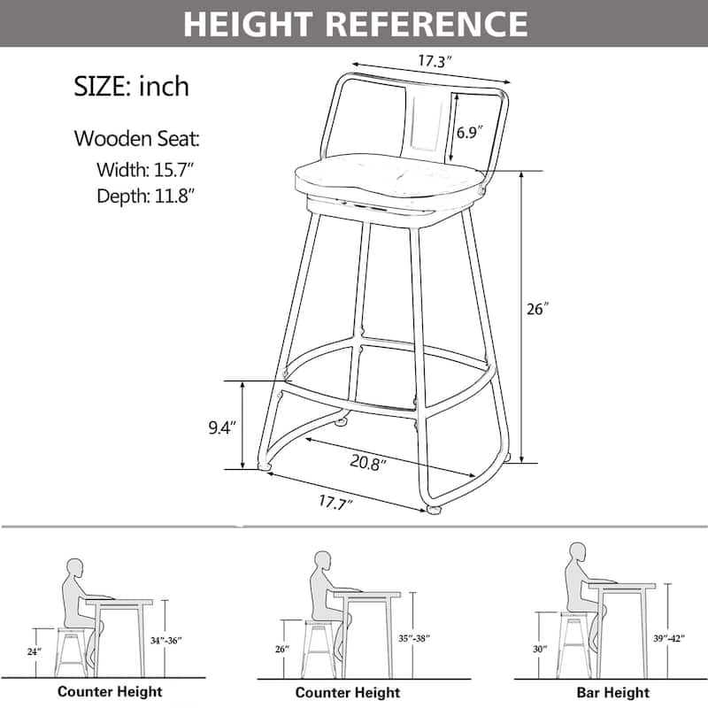 Swivel Bar Stools Set of 2 Metal Counter Height Barstools with Wooden Seat Low Back Industrial Bar Chairs