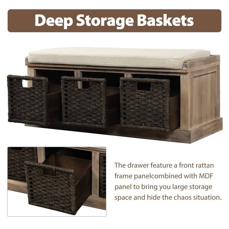 Merax Entryway Storage Bench with 3 Removable Baskets and Cushion