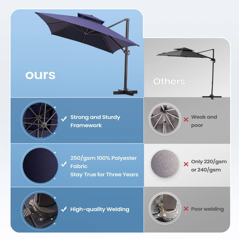 10 x 13 Feet Double Top Rectangular Rotating Patio Offset Cantilever Umbrella with Crank