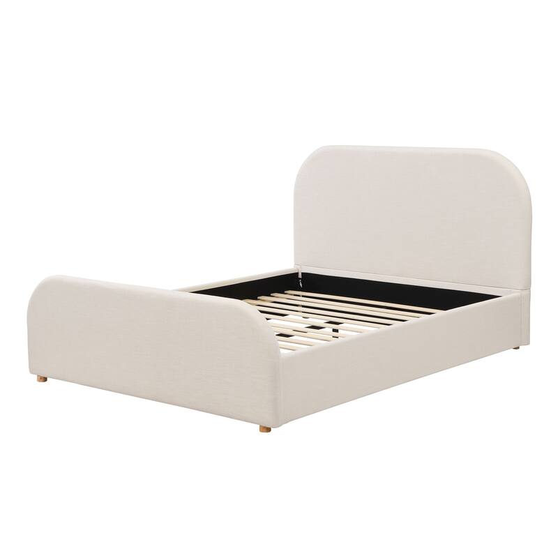 Beige Linen Upholstered Bed Curved Headboard Wingback Frame Low Profile Platform Bed