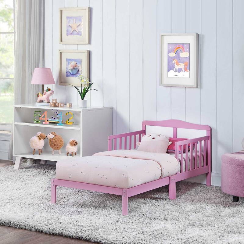 Birdie Toddler Bed in Dark Pink/White with Solid Wood Frame, Low Profile Footboard & Dual Safety Rails