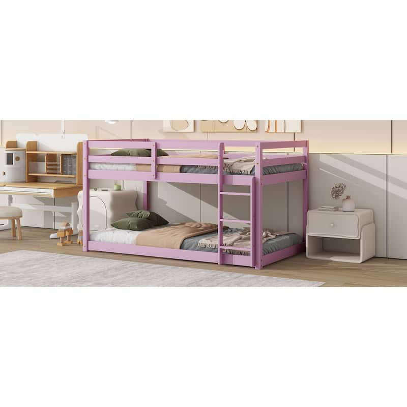 Roomfitters Solid Rubber Wood Twin over Twin Floor Bunk Bed with Ladder, Reinforced Slat Platforms, Low Height Frame, Pink