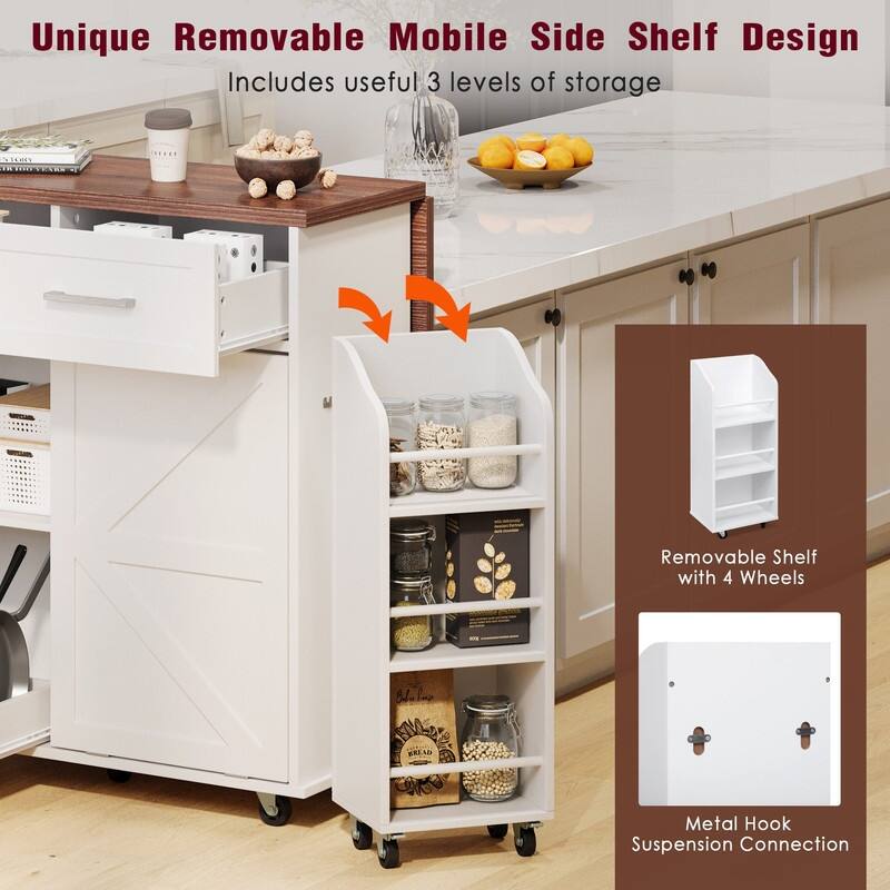 47.2" Rolling Kitchen Island on 5 Wheels with Drop Leaf, Kitchen Island with 2 Drawers, Trash Can Storage