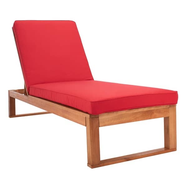 slide 2 of 18, SAFAVIEH Solano Outdoor Solid Wood Chaise Lounge Chair - 24.8" W x 80.9" L x 37.4" H Natural Wood/Red Cushion