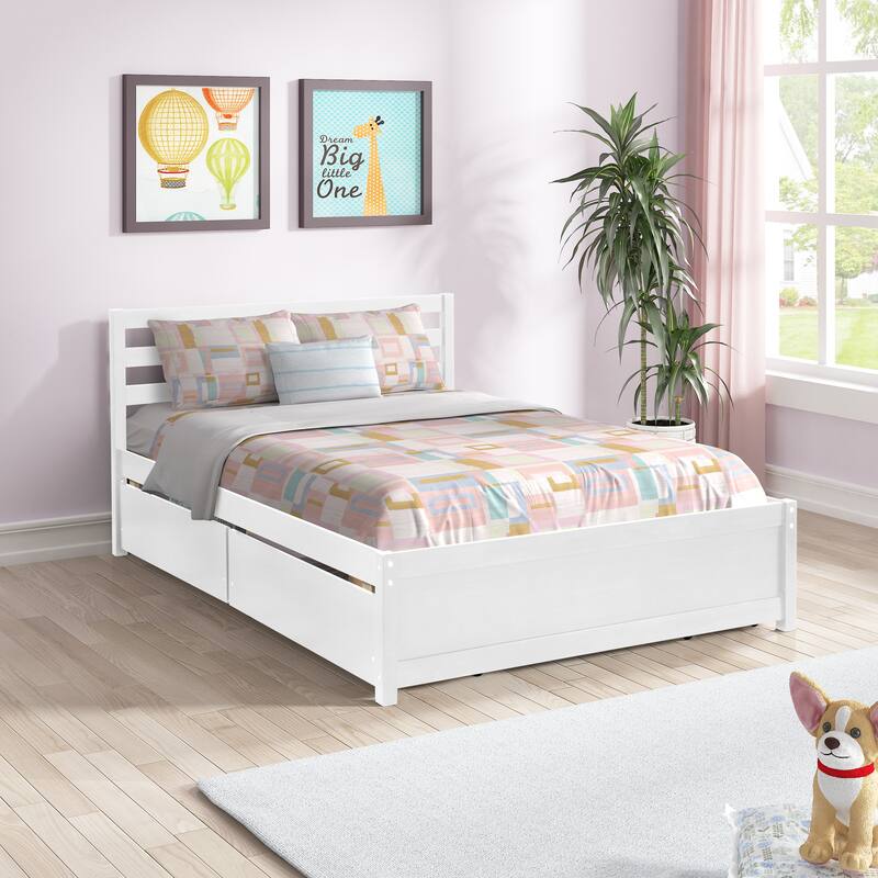 White Panel Bed Frame Full Size Platform Bed Wood Bed with 4 Storage Drawers and Headboard, Space-saving Bed