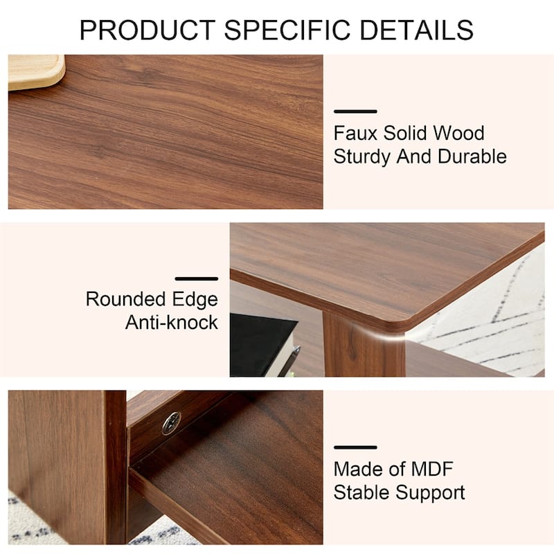 Modern Minimalist Wood Grain Double Layered Rectangular Coffee Table