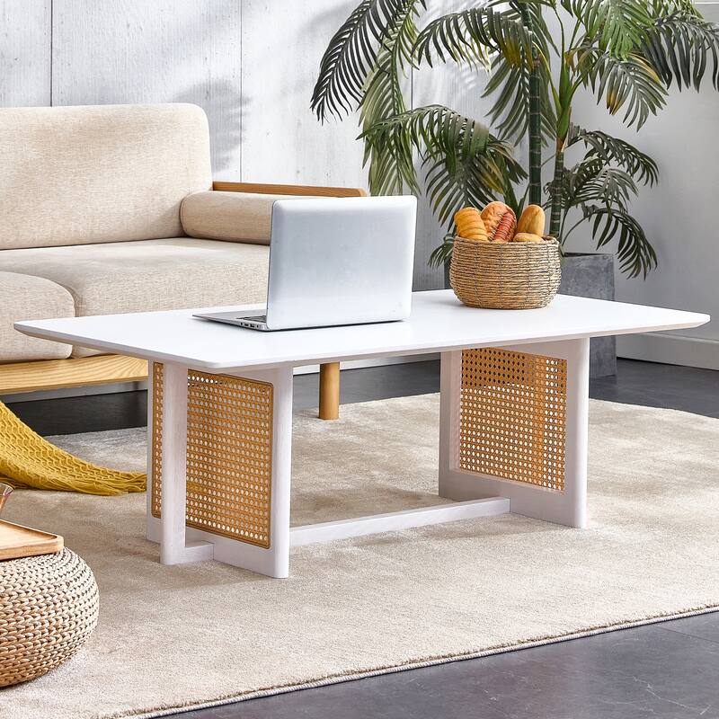 Coffee Table Solid Wood End Table Imitation Rattan Center Table