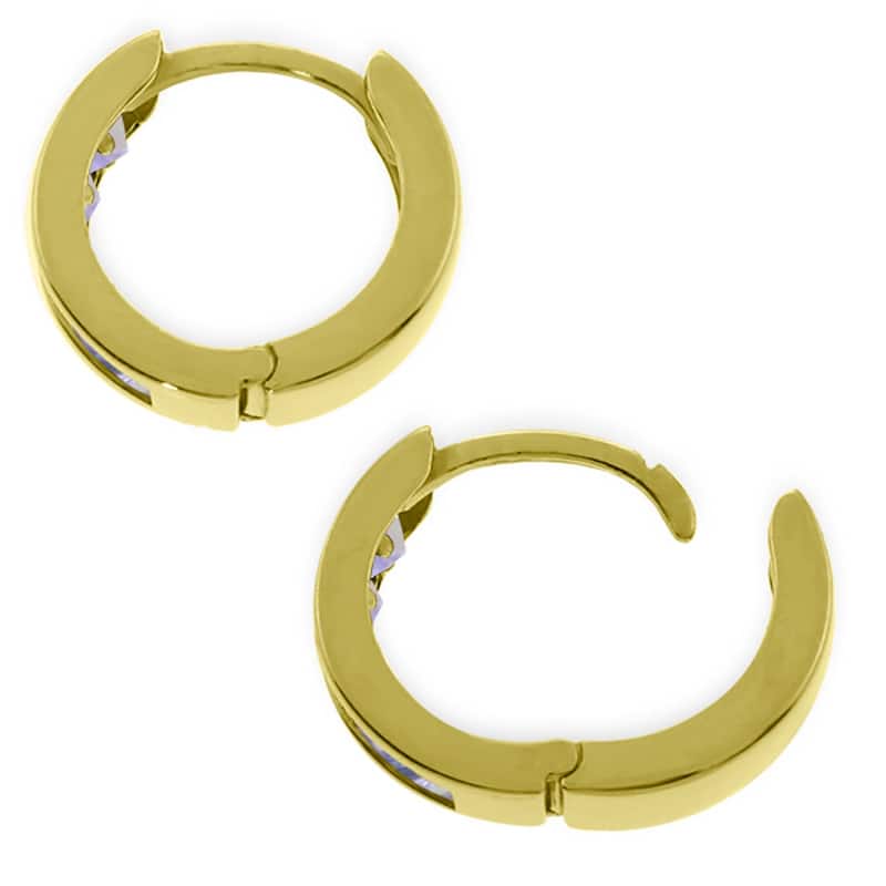 14K Solid Gold Hoop Huggie Gemstone Earrings w/ Natural Tanzanites
