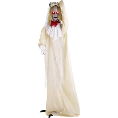 Haunted Hill Farm Poppy the Animatronic Zombie Bride with Pop-Up Head and Light-Up Eyes for Scary Halloween Decoration