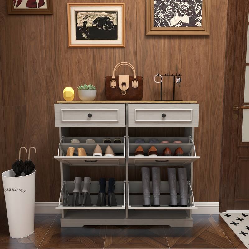 Anmytek Antique White Slim Shoe Storage Cabinet - 2 Drawers & 4 Flip Drawers