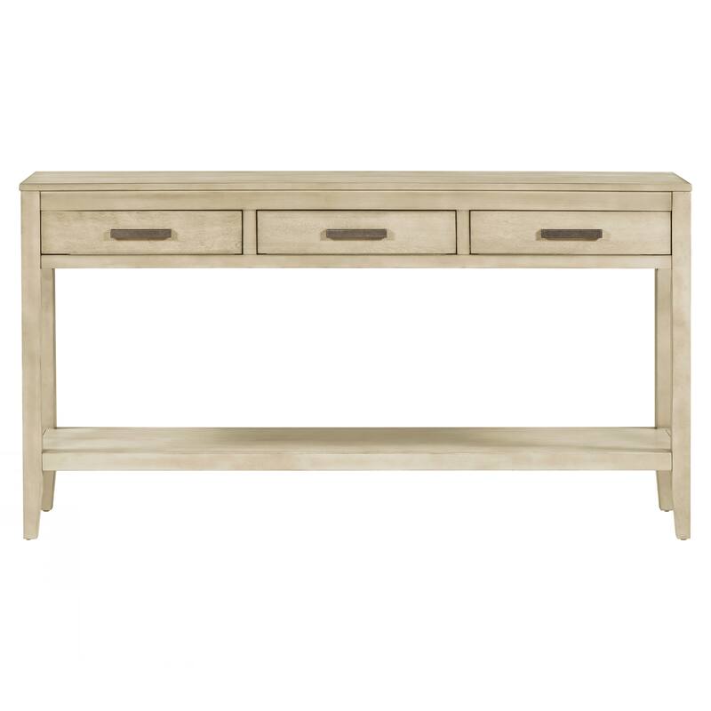 Farmhouse Entryway Table with 3 Drawers, Painted Console Table with Bottom Shelf & Iron Handles