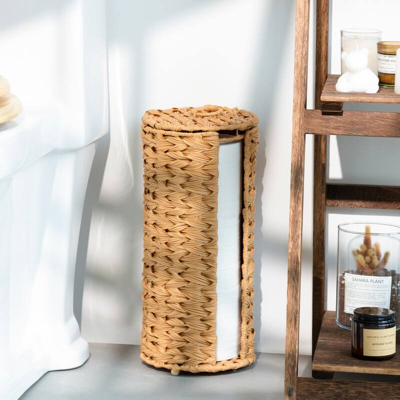 Freestanding Woven Toilet Paper Roll Holder with Lid for Bathroom, Power Room - 14.5'' H X 7'' W X 7'' D - Natual