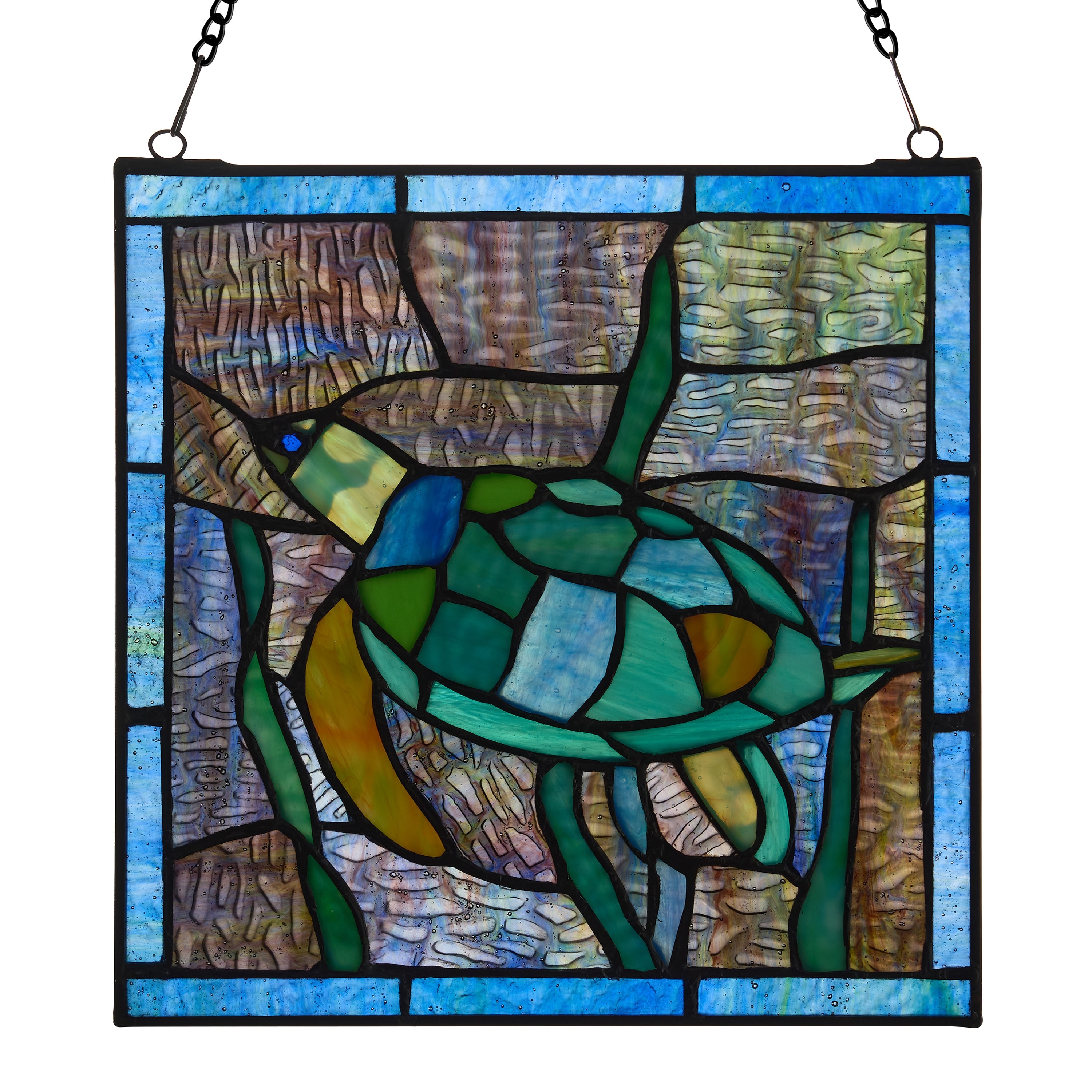 River of Goods Serene Sea Turtle Blue, Green and Teal Tiffany-Style Stained Glass Window Panel - 10" x 0.25" x 10.5"