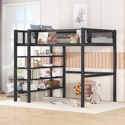 Metal Loft Bed with Shelves, Workstation, Guardrail