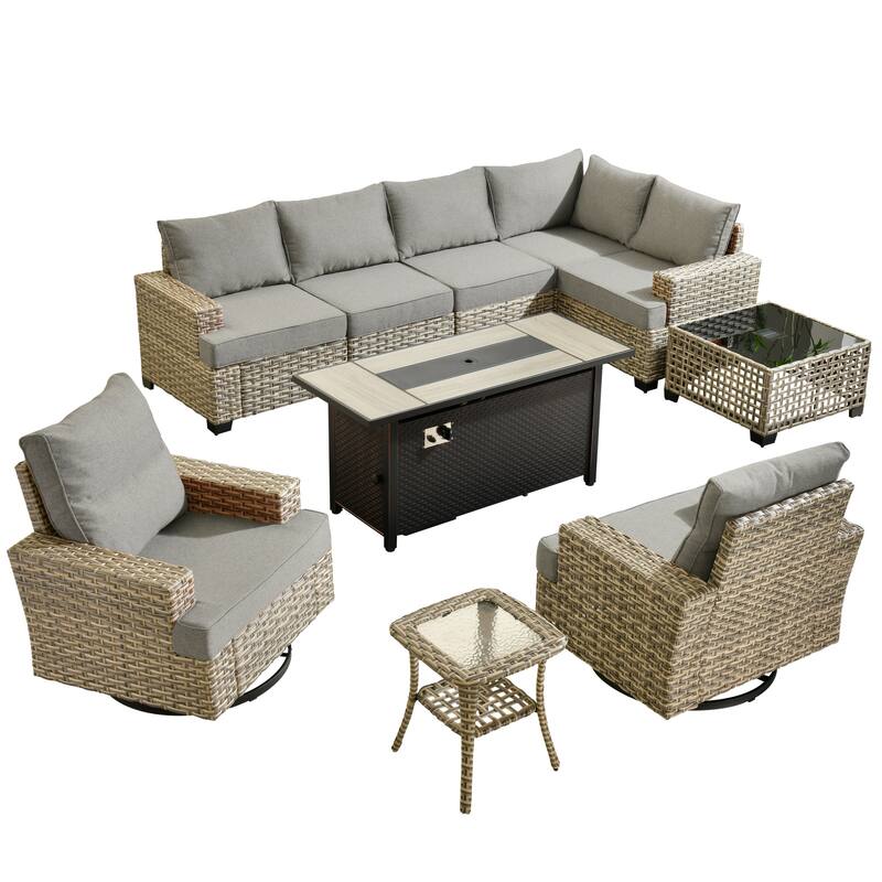 OVIOS 10 Pieces T shaped Seat Wide Armrest Swivel Chair Set With Solar-Powered Table&Fire Pit