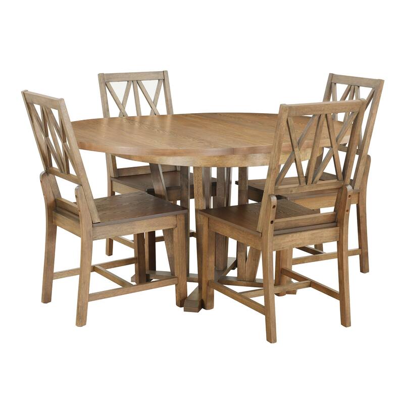 Rustic 5-Piece Extendable Dining Table Set Round Trestle Table and 4 Cross Back Dining Chairs for Kitchen, Dining Room