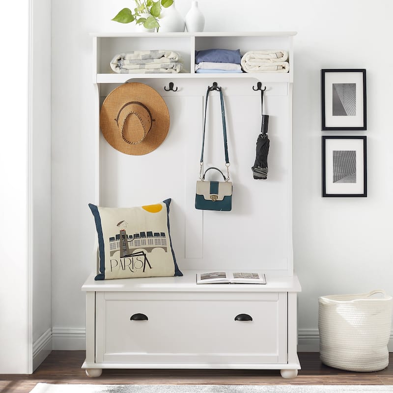 4-in-1 Hall Tree Entryway Coat Rack w/ Solid Wood Feet & Shoe Cabinet - 52''L x 21.4''W x 8.2''H - White