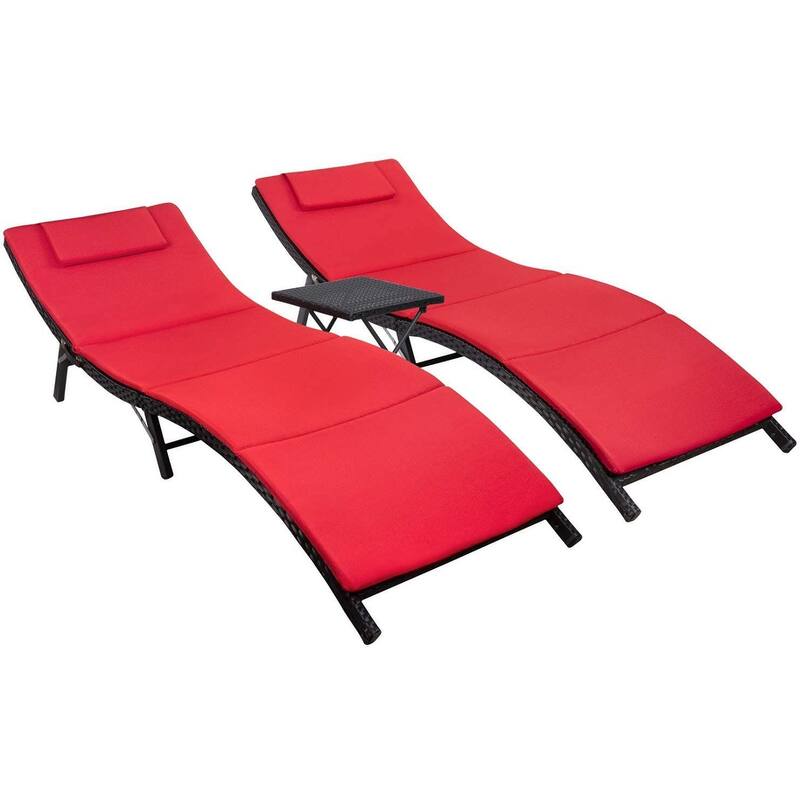 Homall 3 Pieces Patio Chaise Lounge with Removable Cushions Unadjustable Wicker Folding Chaise Lounge with Folding Table - Red
