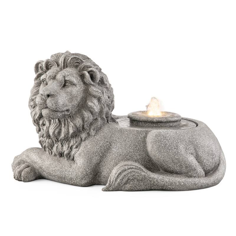 Glitzhome 20"L Zen-Style Lying Lion Polyresin Outdoor Fountain with Pump and LED Light