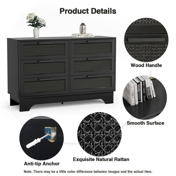 Anmytek Modern Black 6-Drawer Double Dresser for Bedroom Wood Rattan Chest of Drawers - Bed Bath & Beyond - 40559438 Anmytek Modern Black 6-Drawer Double Dresser for Bedroom Wood Rattan Chest of Drawers - Bed Bath & Beyond - 40559438