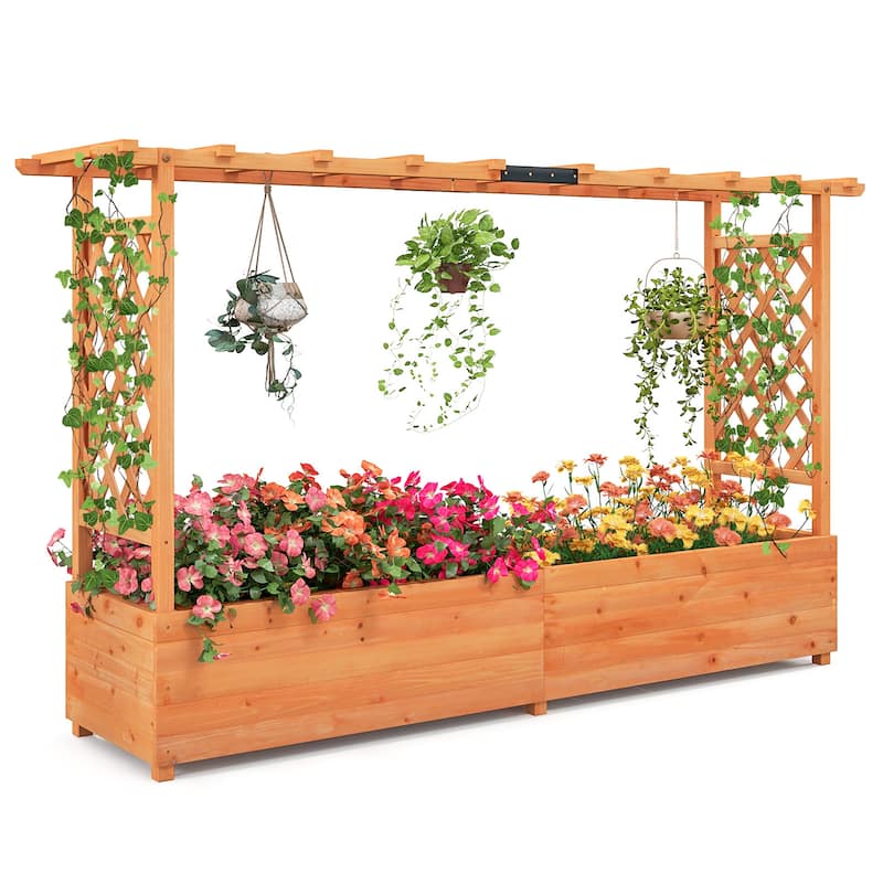 Gymax Raised Garden Bed w/ 2-Sided Trellis & Hanging Roof Fir Wood