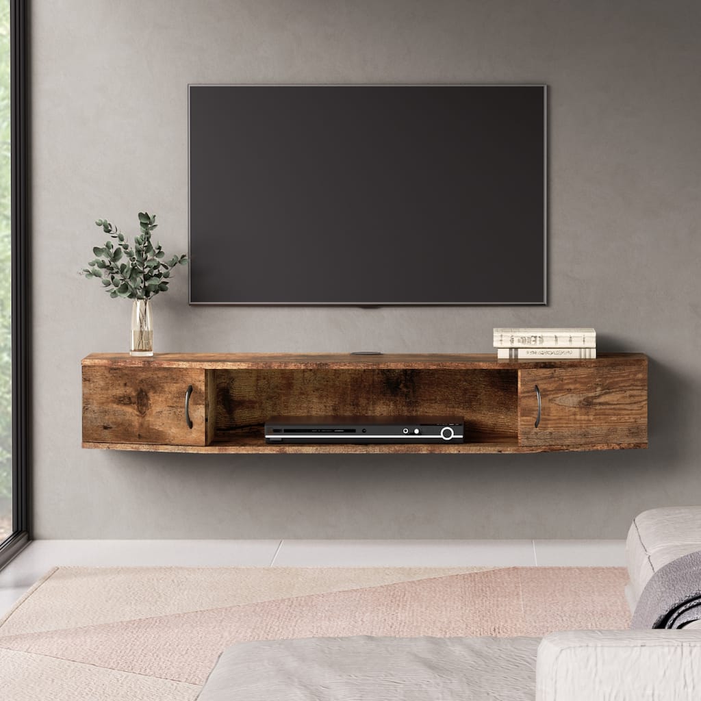 Floating TV Stand Wall Mounted TV Shelf with 2 Door,Brown