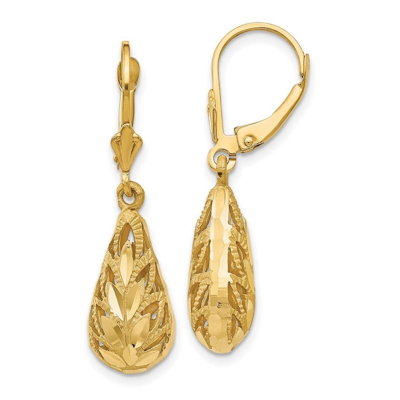 Curata 14k Yellow Gold Filigree Tear-drop Dangle Leverback Earrings 35x9mm