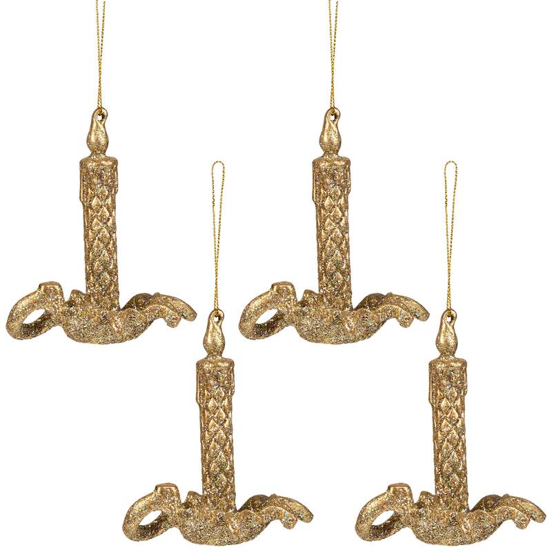 Glitter Drenched Candlestick Christmas Ornaments - 4" - Gold - Set of 4