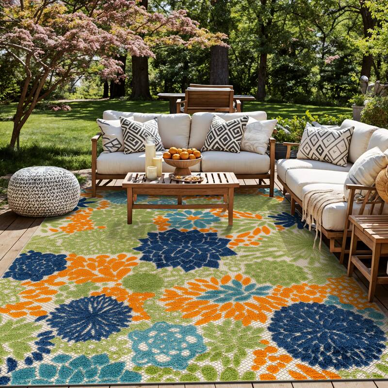 World Rug Gallery Indoor/Outdoor High-Low Textured Area Rug, Floral, Easy-Clean Patio Rug - Multi - 6'6" x 9'