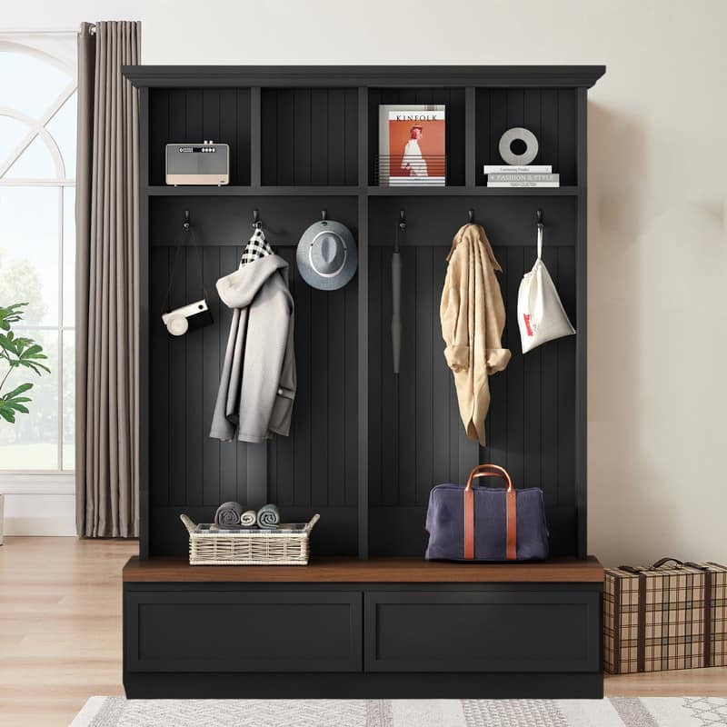 Hall Tree with Grain Bench, 4-in-1 Coat Hanger Built-in Storage Bench with Top Open Storage Shelves