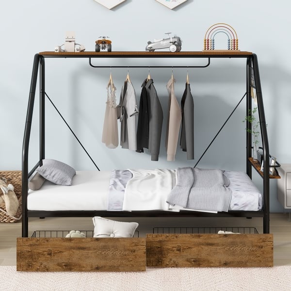 slide 2 of 10, Metal Frame Platform Bed with Clothes Rack, Storage Shelves and 2 Drawers Twin