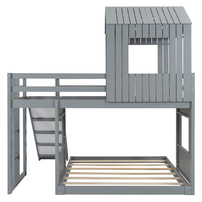 Playhouse Twin Over Full Bunk Bed with Windows and Slide, Solid Pine Wood Frame