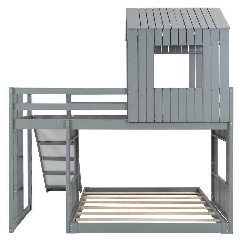 Wooden Twin Over Full Bunk Bed, Loft Bed with Playhouse, Farmhouse, Ladder, Slide and Guardrails, Gray