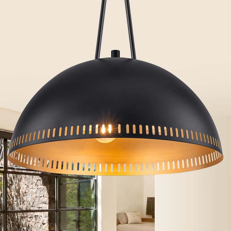 Modern Dome Pendant Light with Gold Interior Kitchen Lamp - Dia.16-in - Black