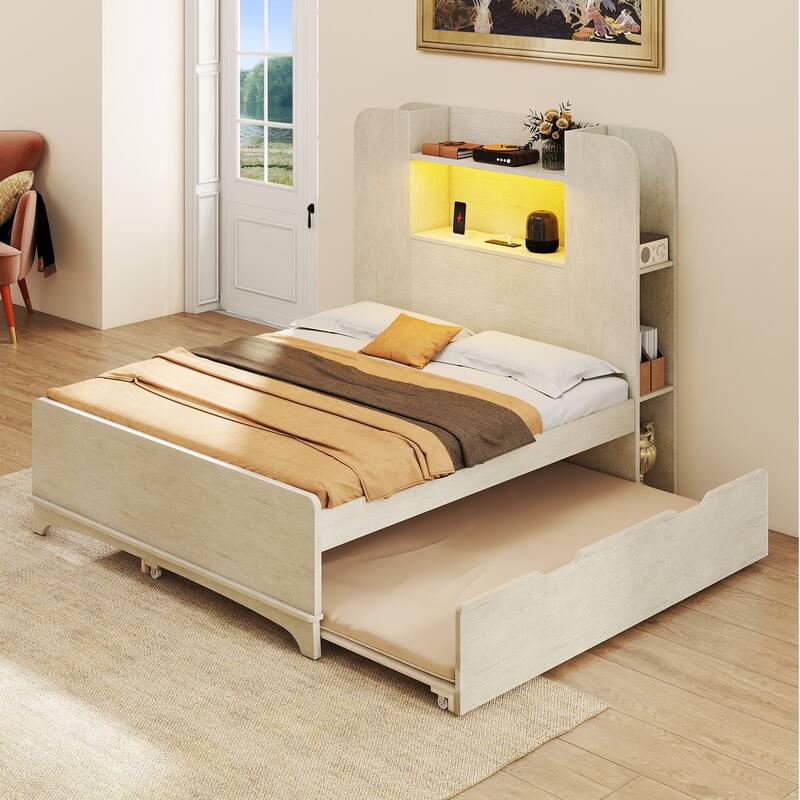 Bed with Trundle, Twin Size Bed Frame with Bookcase Daybed Storage Headboard and Charging Station & RGB LED Lights Bed - Twin