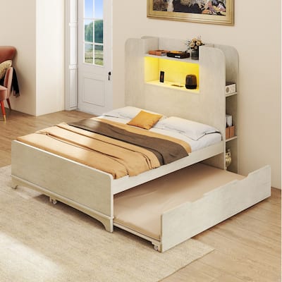 Bed with Trundle, Twin Size Bed Frame with Bookcase Daybed Storage Headboard and Charging Station & RGB LED Lights Bed