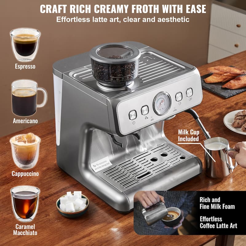 Espresso Machine with Grinder for Cappuccino, Latte, Machiato, PID Control System - 2.96qt