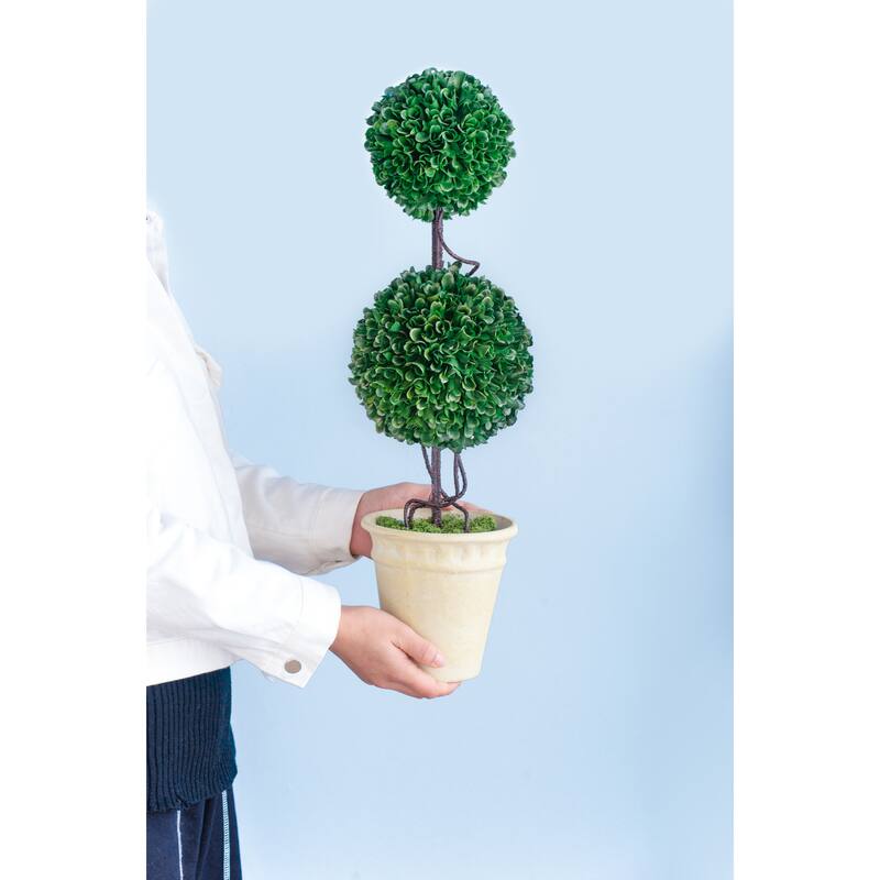 Two-Tiered Faux Boxwood Sphere Topiary in Cream Pot