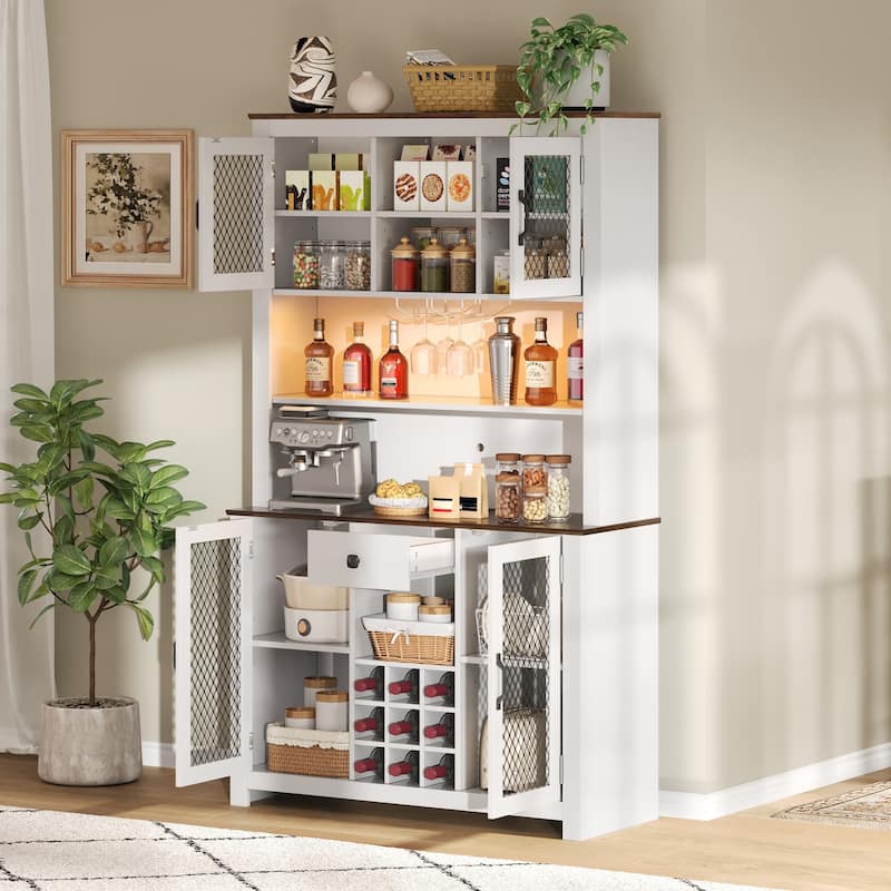 Anmytek 70.9 Inch White Kitchen Pantry Storage Cabinet Rustic Buffet with LED Outlets Wine Rack