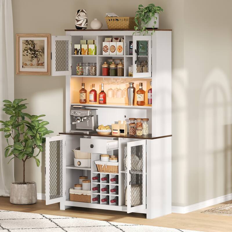 Kitchen Pantry Cabinet with LED Light, Built-in Power & USB Outlets, Kitchen Hutch Cabinet with Doors, Wine Rack & Shelves